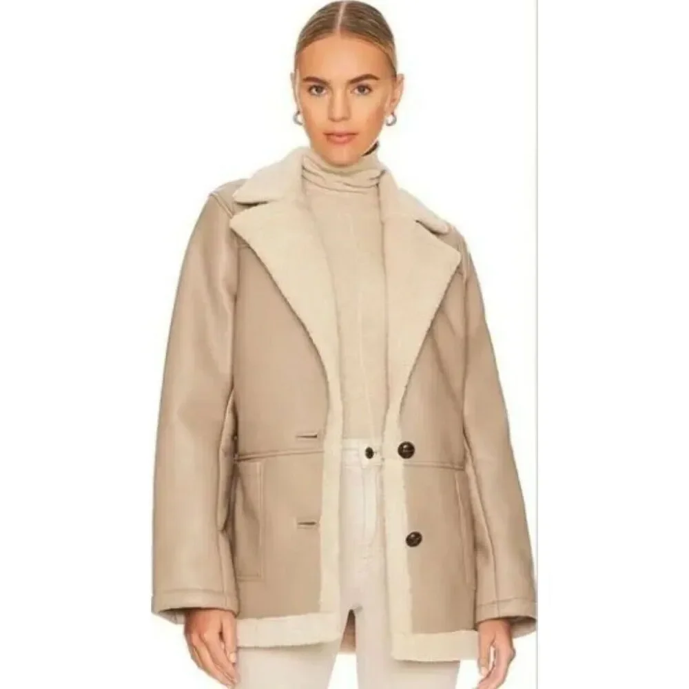 ASTR The Label Francine Faux‎ Leather Shearling Jacket Sz XL Taupe/Cream NWT